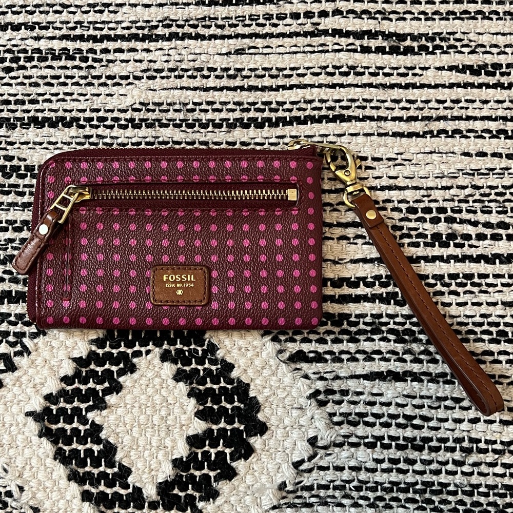 Fossil Brown Wristlet Wallet with Pink Polka Dots